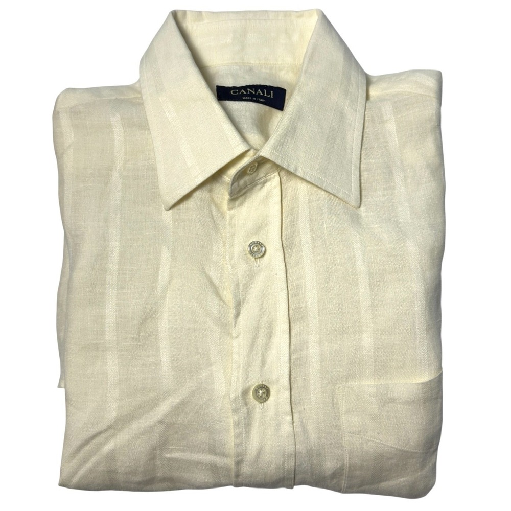 Canali‎ Linen Shirt Mens Size M Tan Beige Short Sleeve Button Up Casual Italy